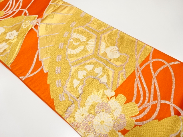 JAPANESE KIMONO / ANTIQUE FUKURO OBI / SILK / WOVEN CRANE & FAN